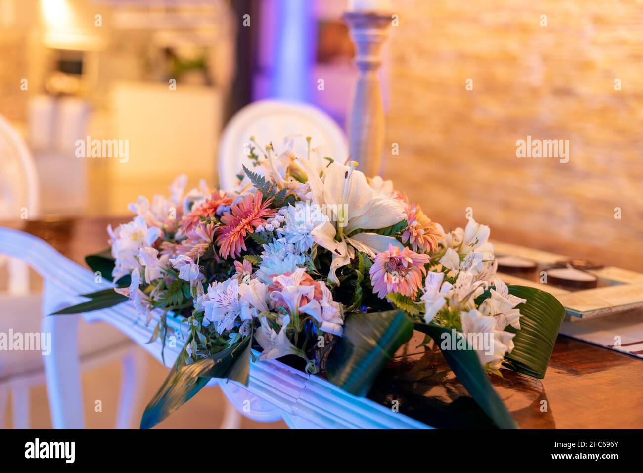 Beautiful shot of a party hall with a floral decoration Stock Photo