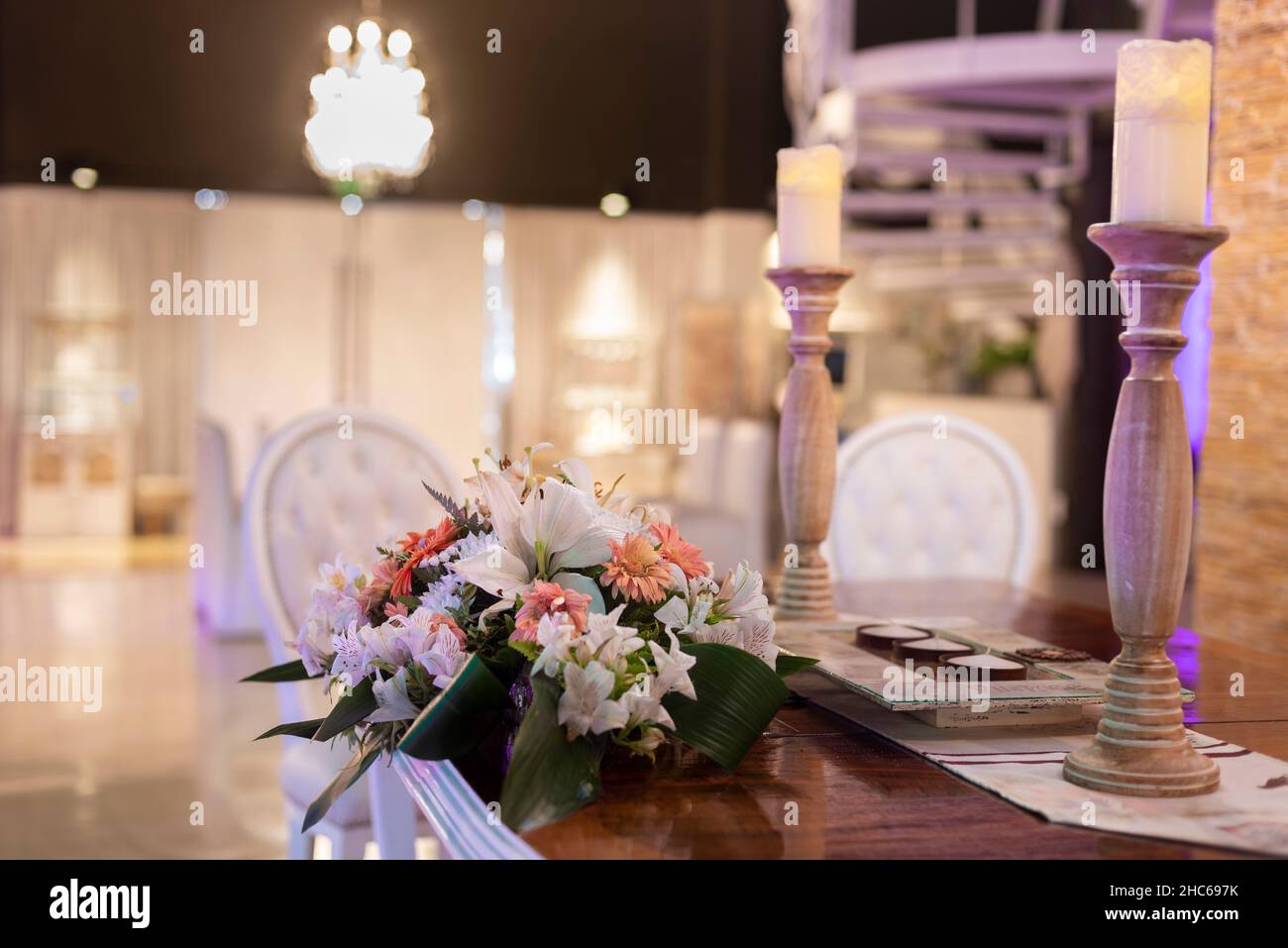 Beautiful shot of a party hall with a floral light decoration Stock Photo