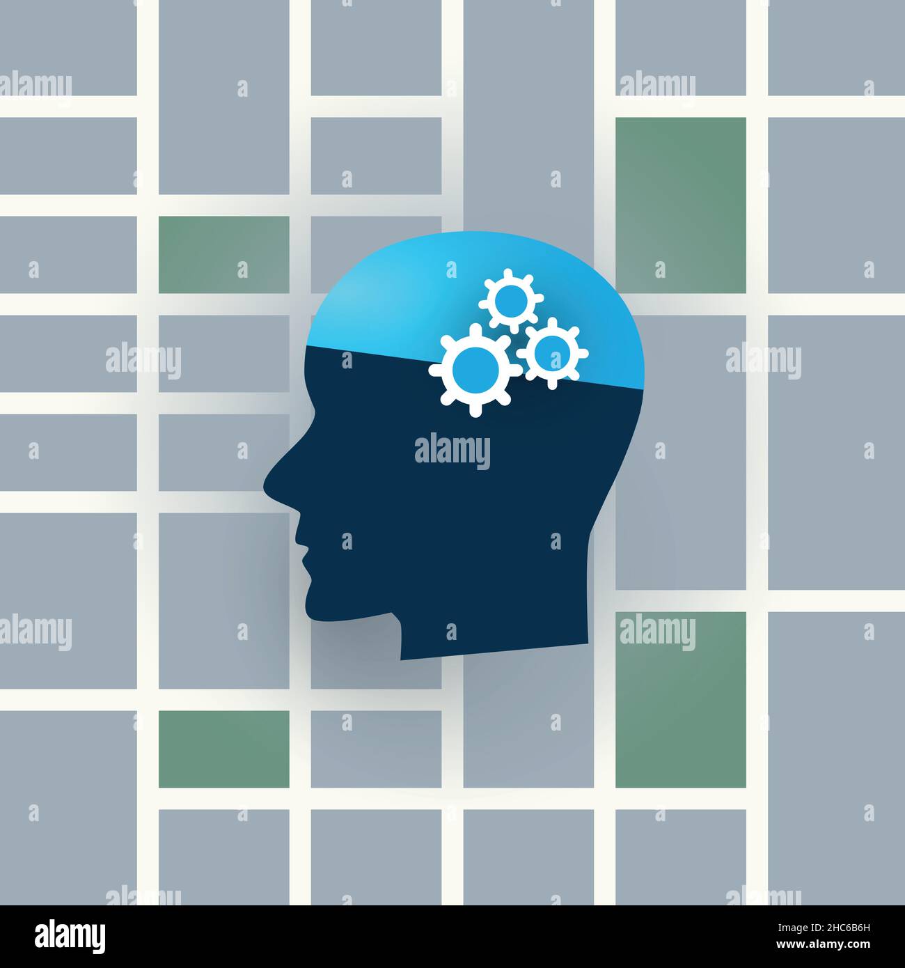 Abstract Artificial Intelligence, Machine Learning, Smart Traffic Controlling Design Concept with Map and Human Head Stock Vector
