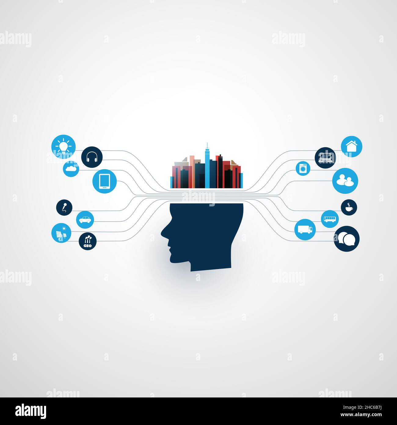 Abstract Machine and Deep Learning, Artificial Intelligence, Cloud Computing, Smart City and Networks Design Concept with Icons and Human Head Stock Vector