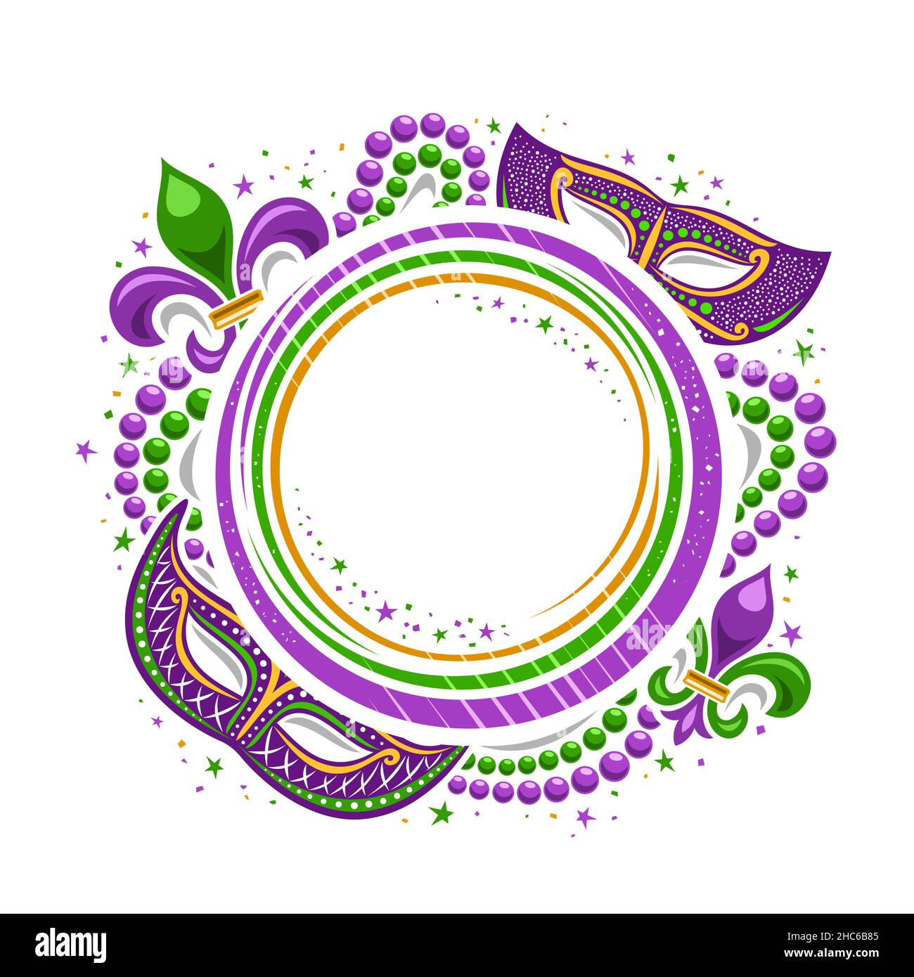 Vector Mardi Gras Frame with copy space for text, round template with illustration of purple mardi gras symbols and decorative colorful stars, poster Stock Vector