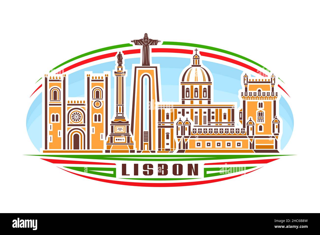 Vector illustration of Lisbon, horizontal logo with linear design orange lisbon city scape on day sky background, famous urban line art concept with d Stock Vector