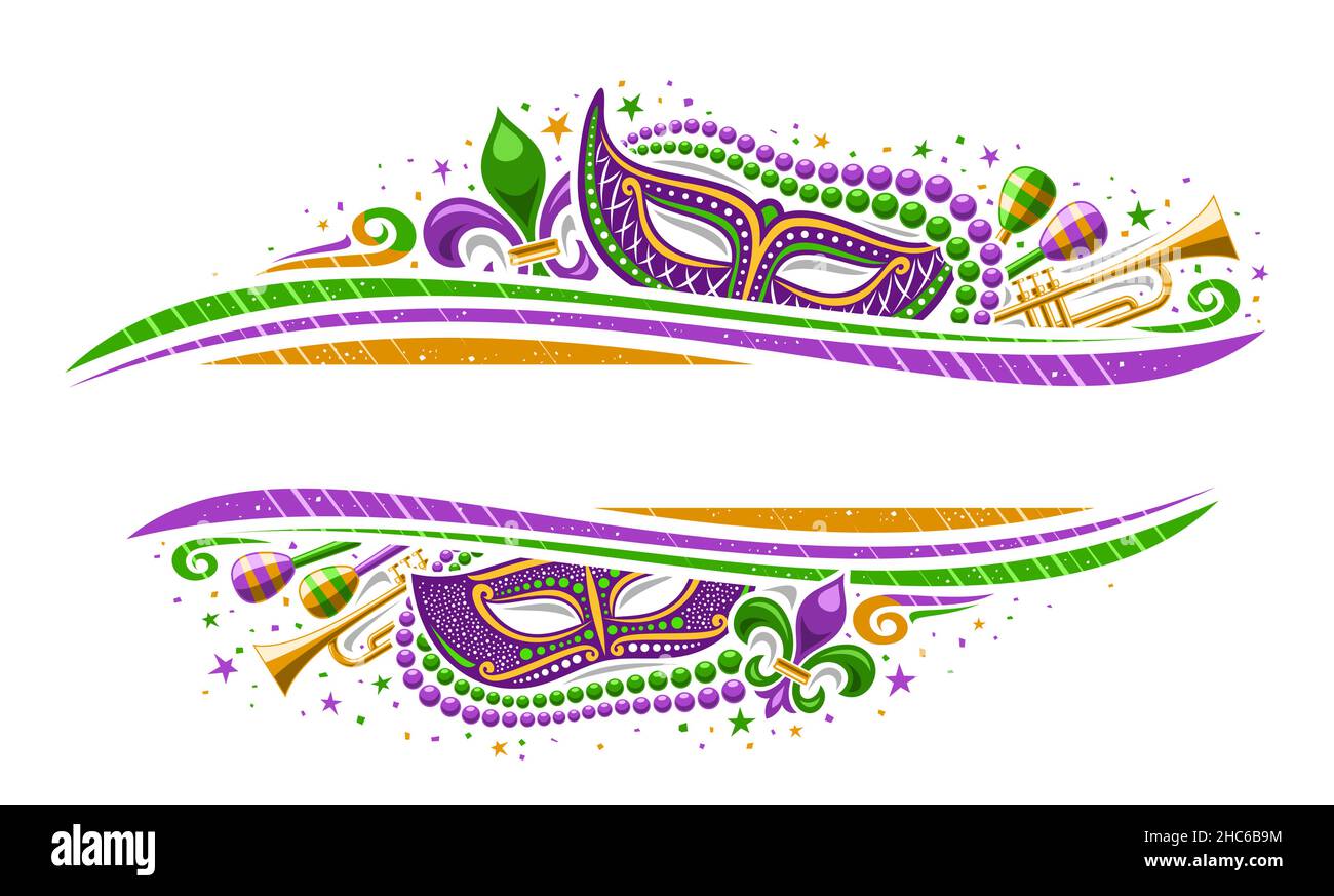 Vector Mardi Gras Border with copy space for text, horizontal template with illustration of fleur de lis symbol, colorful stars and decorative flouris Stock Vector