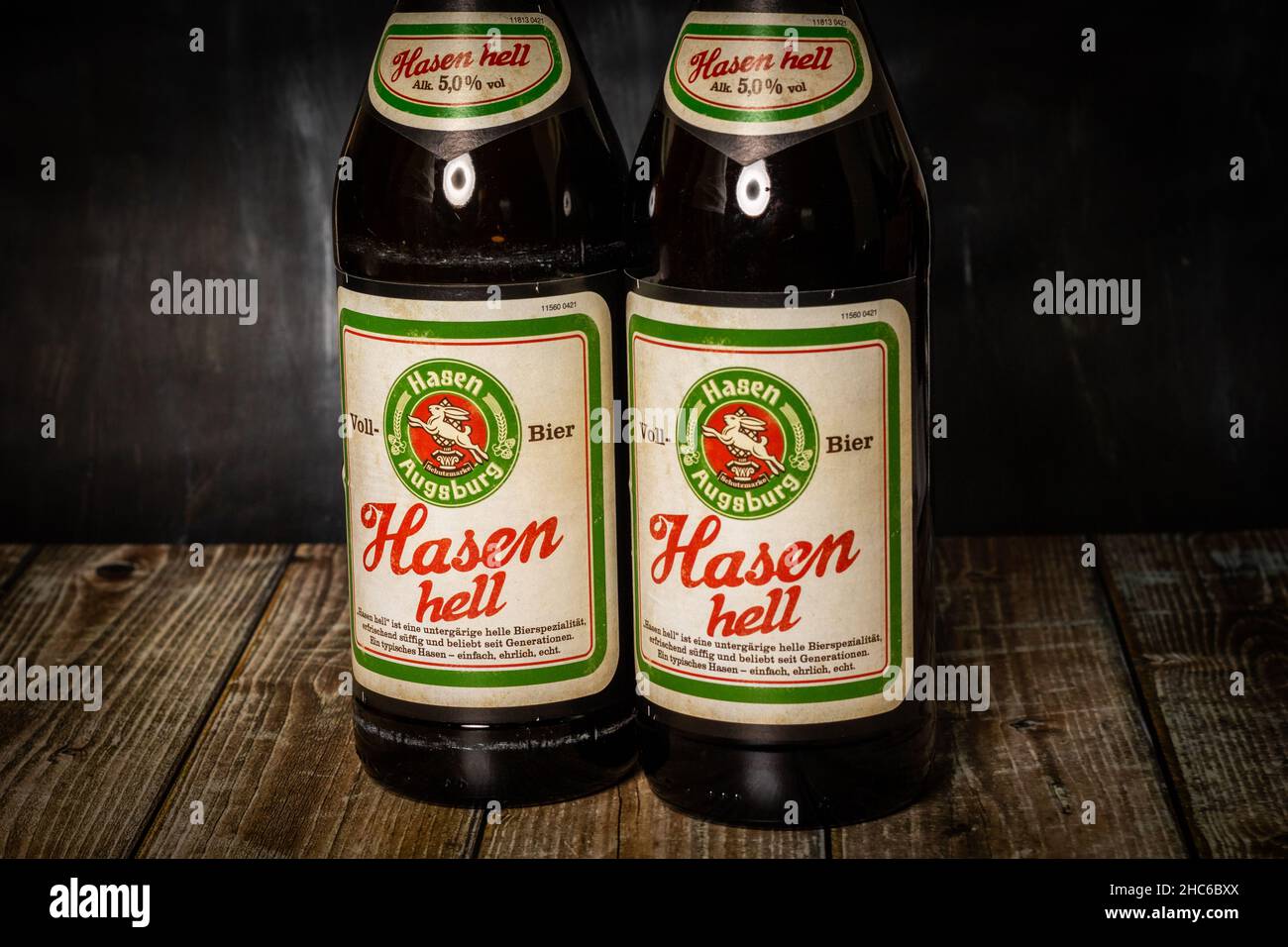 Neckargemuend, Germany - Oktober 17, 2021: two bottles of german beer brand Hasen (Hasen means rabbit in english) located in Augsburg, Bavaria. hell i Stock Photo