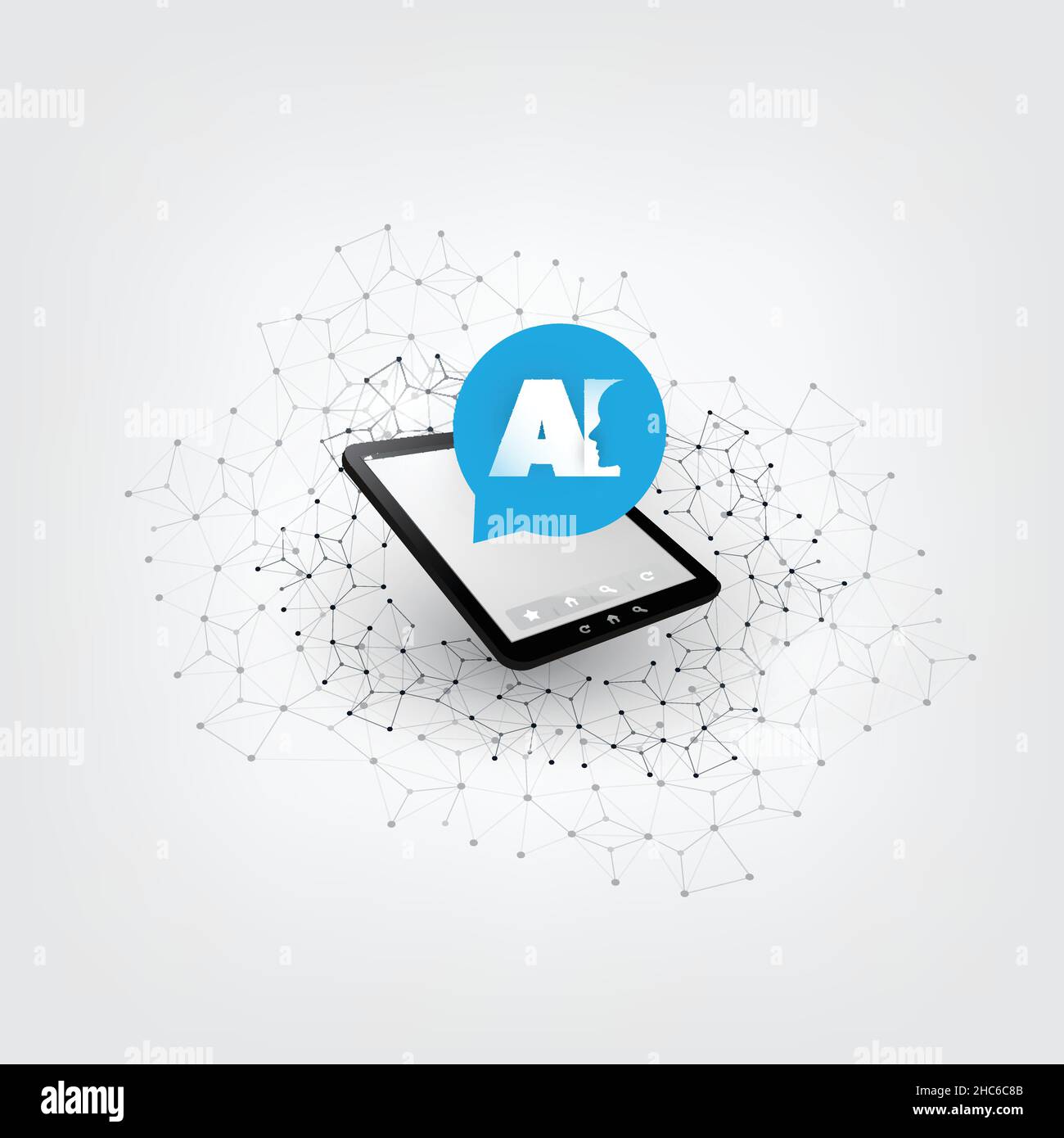 Machine learning, artificial intelligence, cloud computing and networks design concept with tablet PC, network mesh and AI label Stock Vector