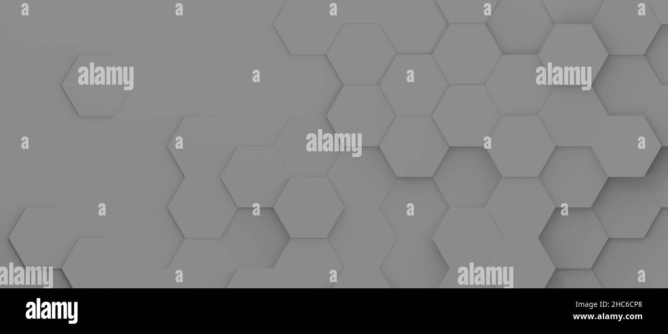 Abstract dark grey background with hexagons or honeycombs, flat lay view from directly above Stock Photo