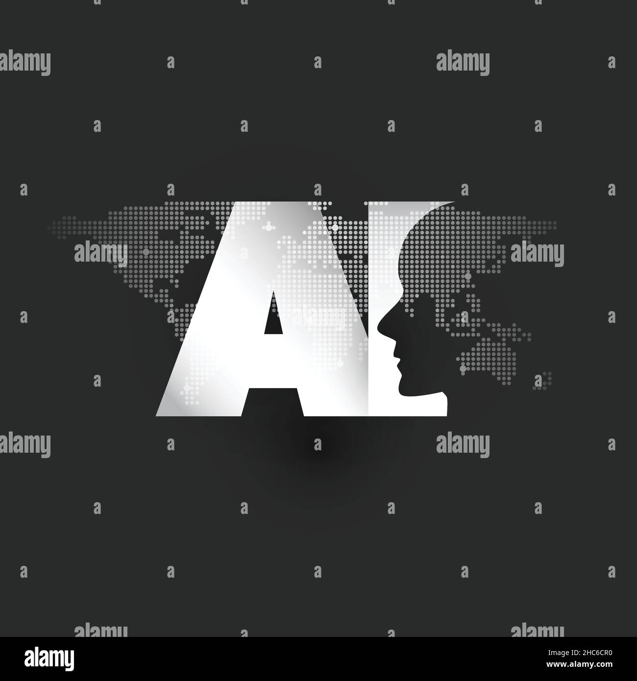 Global AI Assistance, Automated Support, Digital Aid, Deep Learning and Future Technology Concept Design with World Map and Human Head Stock Vector
