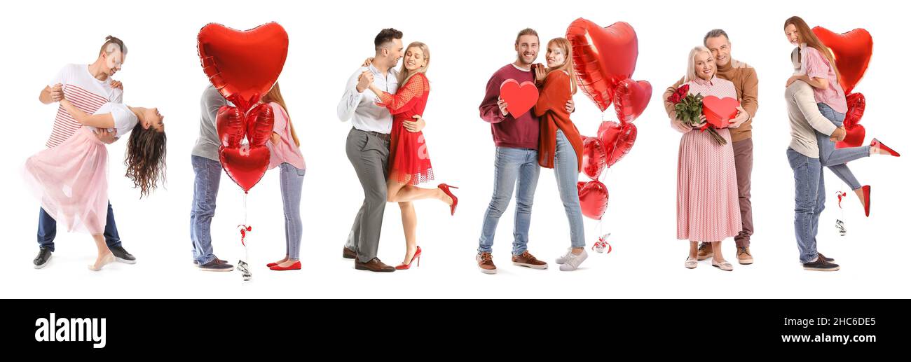Beautiful couples celebrating Valentines Day on white background Stock Photo