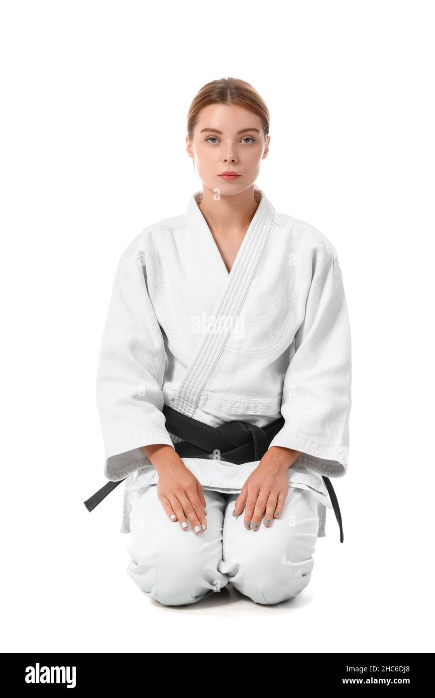 Female karate instructor on white background Stock Photo