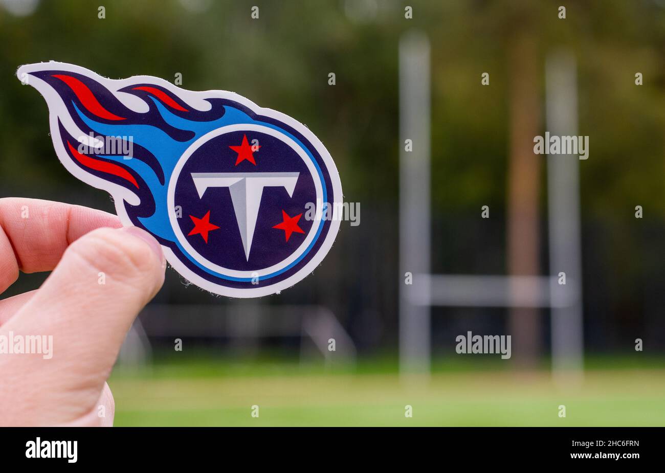 September 16, 2021, Nashville, Tennessee. Emblem of a professional American football team Tennessee Titans based in Nashville at the sports stadium. Stock Photo