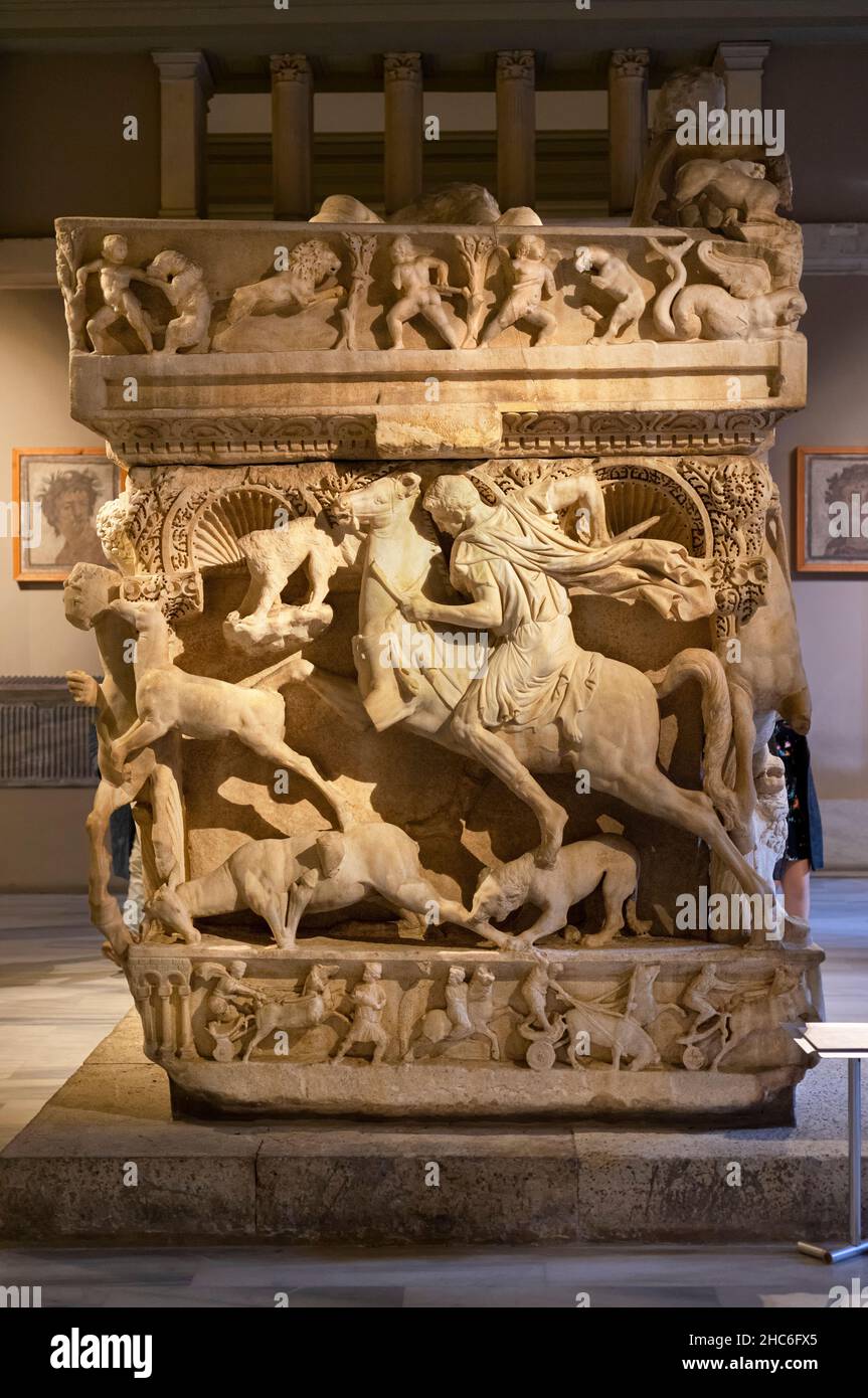 Side view of The Sarcophagus of Sidamara in Istanbul Archaeology Museum, Turkey. Stock Photo