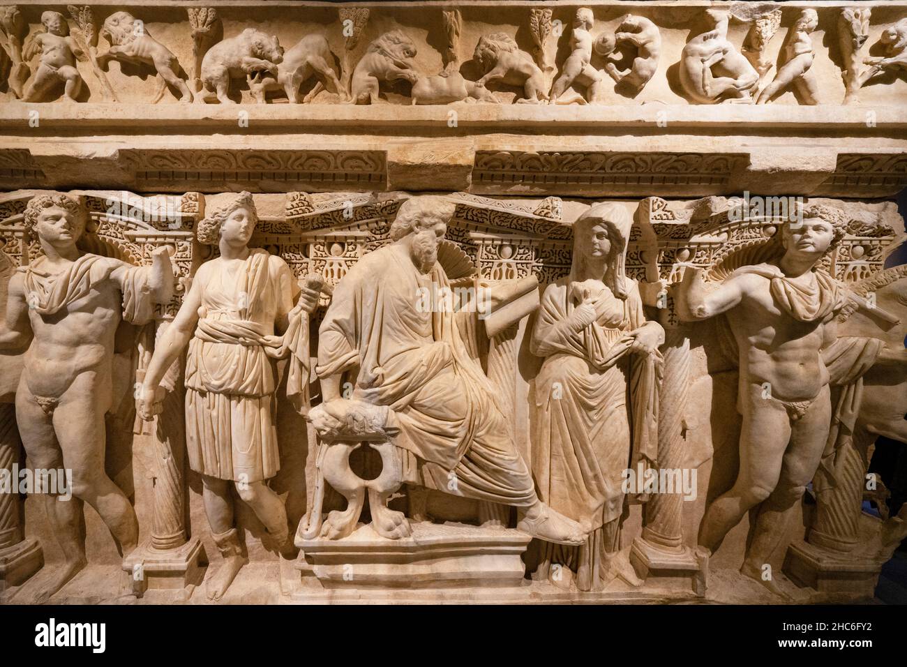 Detailed view of The Sarcophagus of Sidamara in Istanbul Archaeology Museum, Turkey. Stock Photo