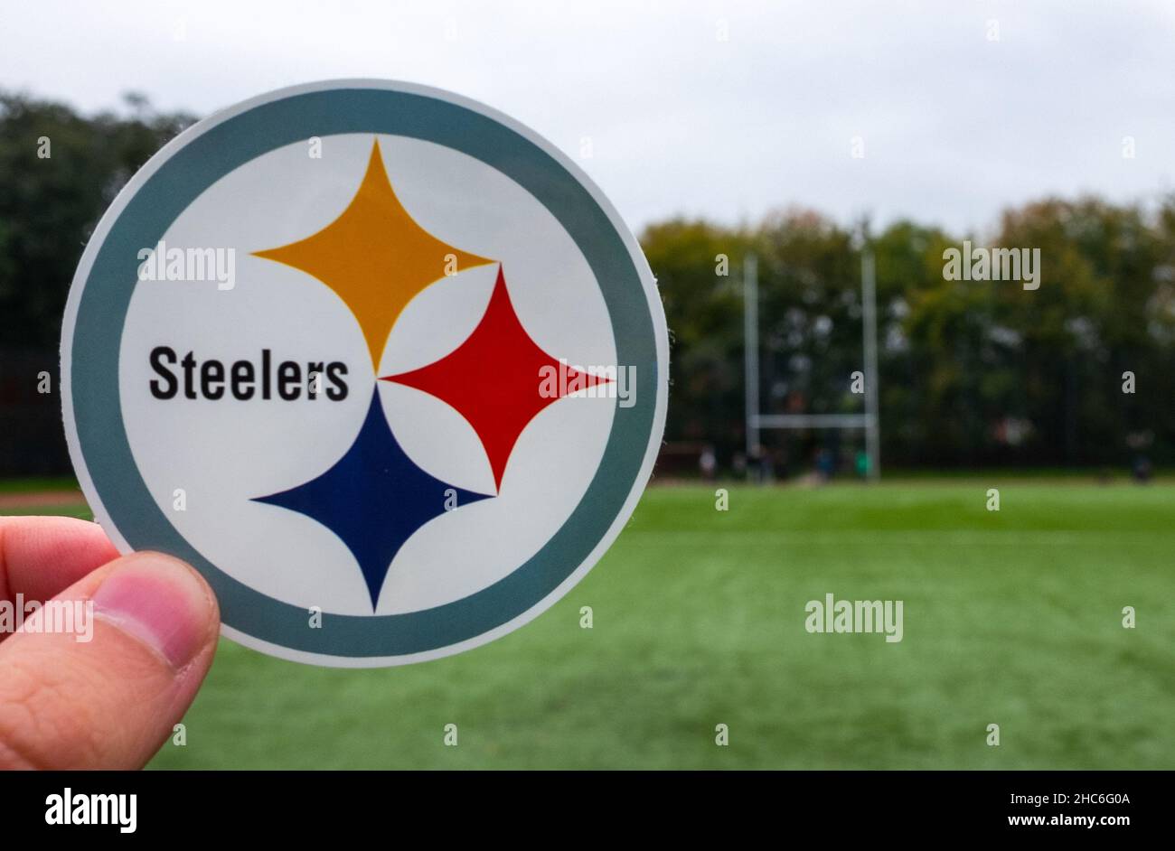September 16, 2021, Pittsburgh, PA. Emblem of a professional American football team Pittsburgh Steelers based in Pittsburgh at the sports stadium. Stock Photo