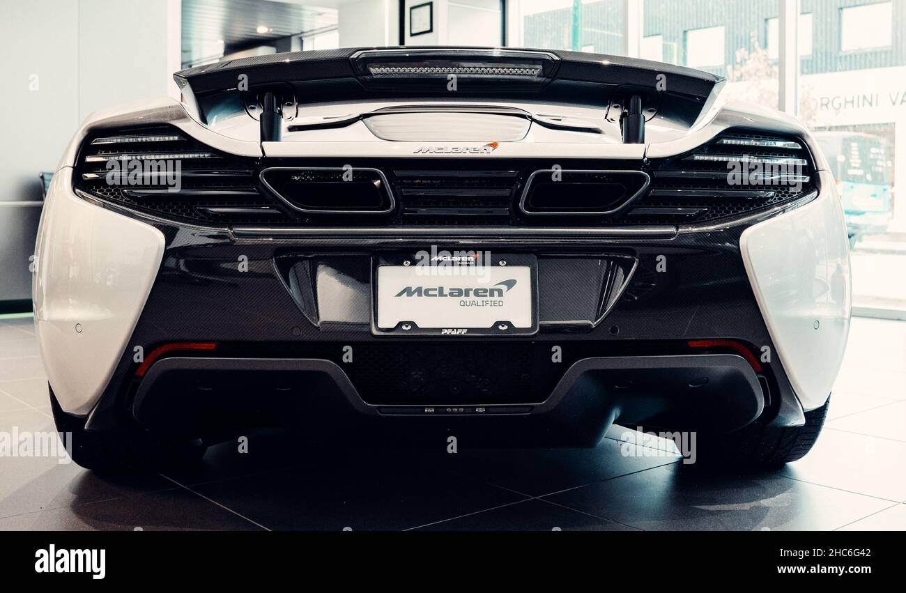 Expensive supercar displayed in the showroom of a car dealership Stock