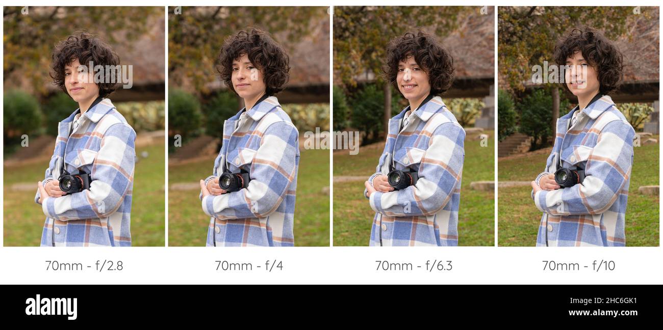 Composition of four portrait photos taken with different diaphragm apertures Stock Photo