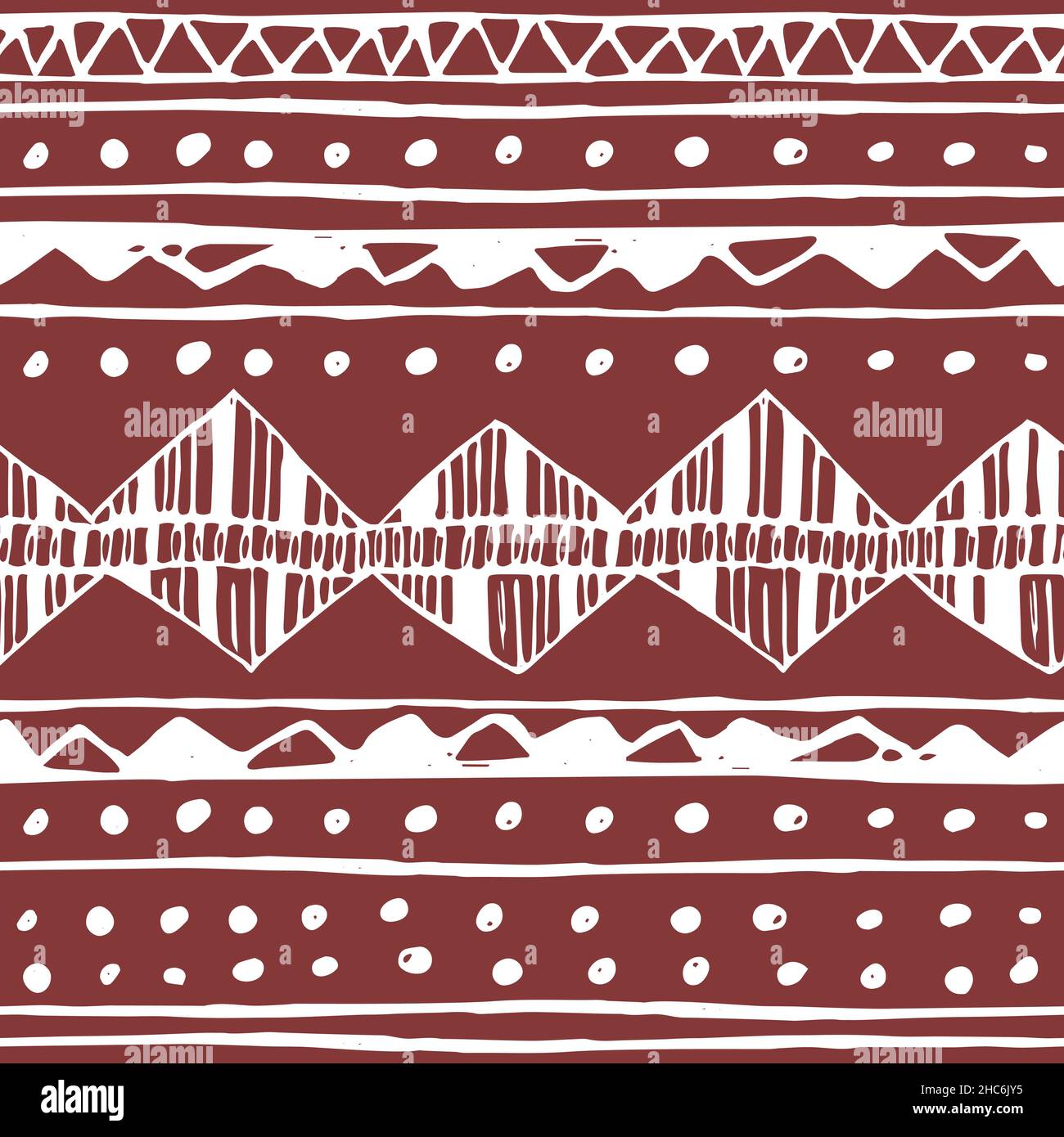 Red white fall or Christmas abstract border seamless pattern. Vector endless hand drawn pattern of lines, triangles, dots, different elements. Stock Vector