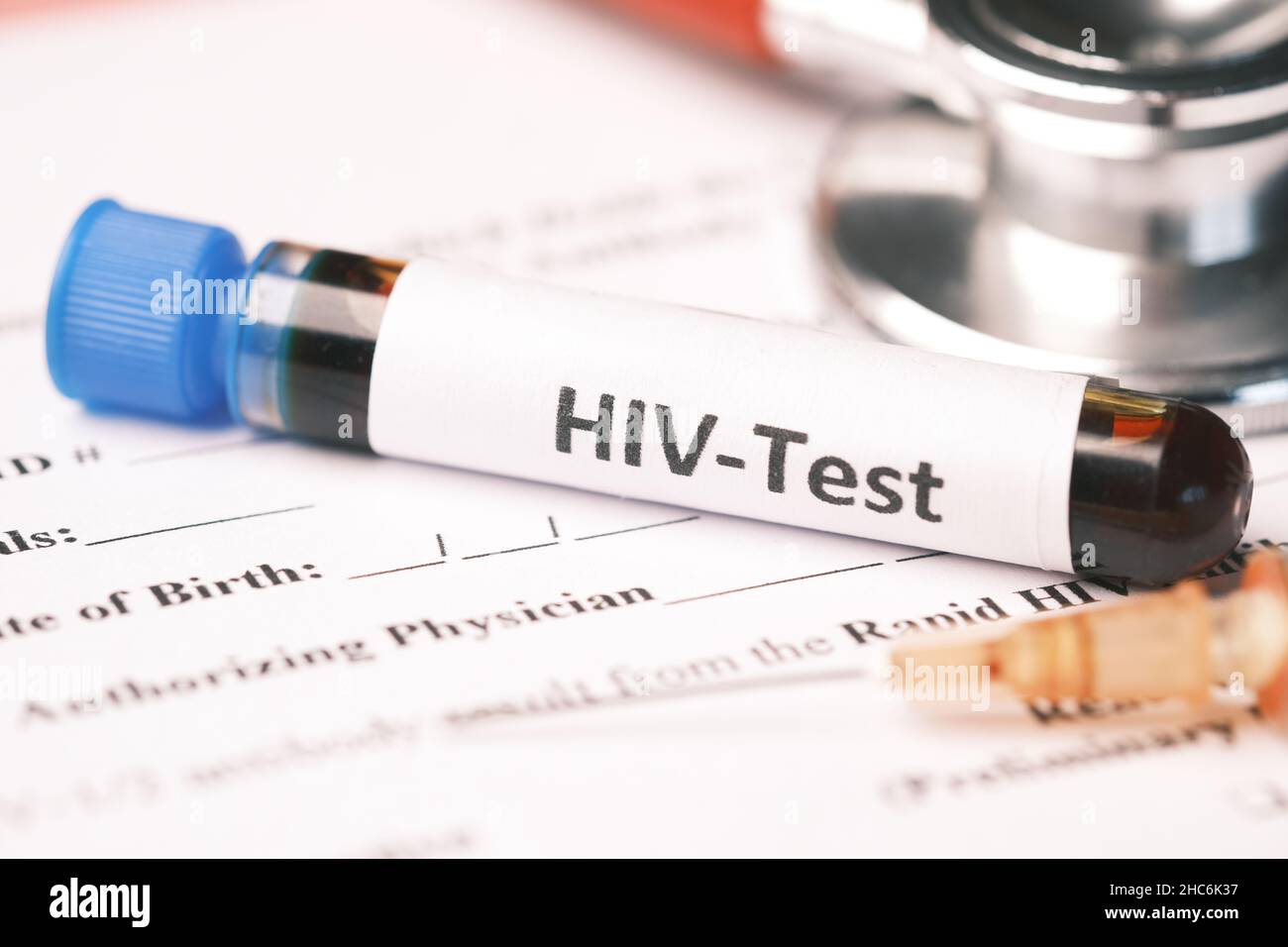 HIV blood test tube and prescription on table Stock Photo Alamy