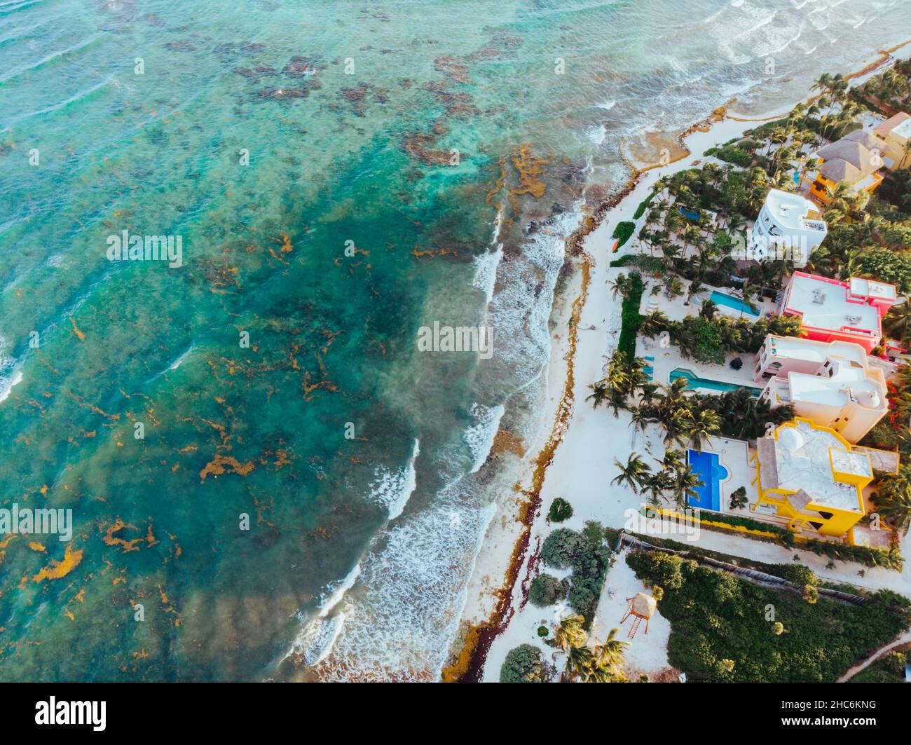 Aerial Picture of luxury colorful real estates in the Akumal Bay in