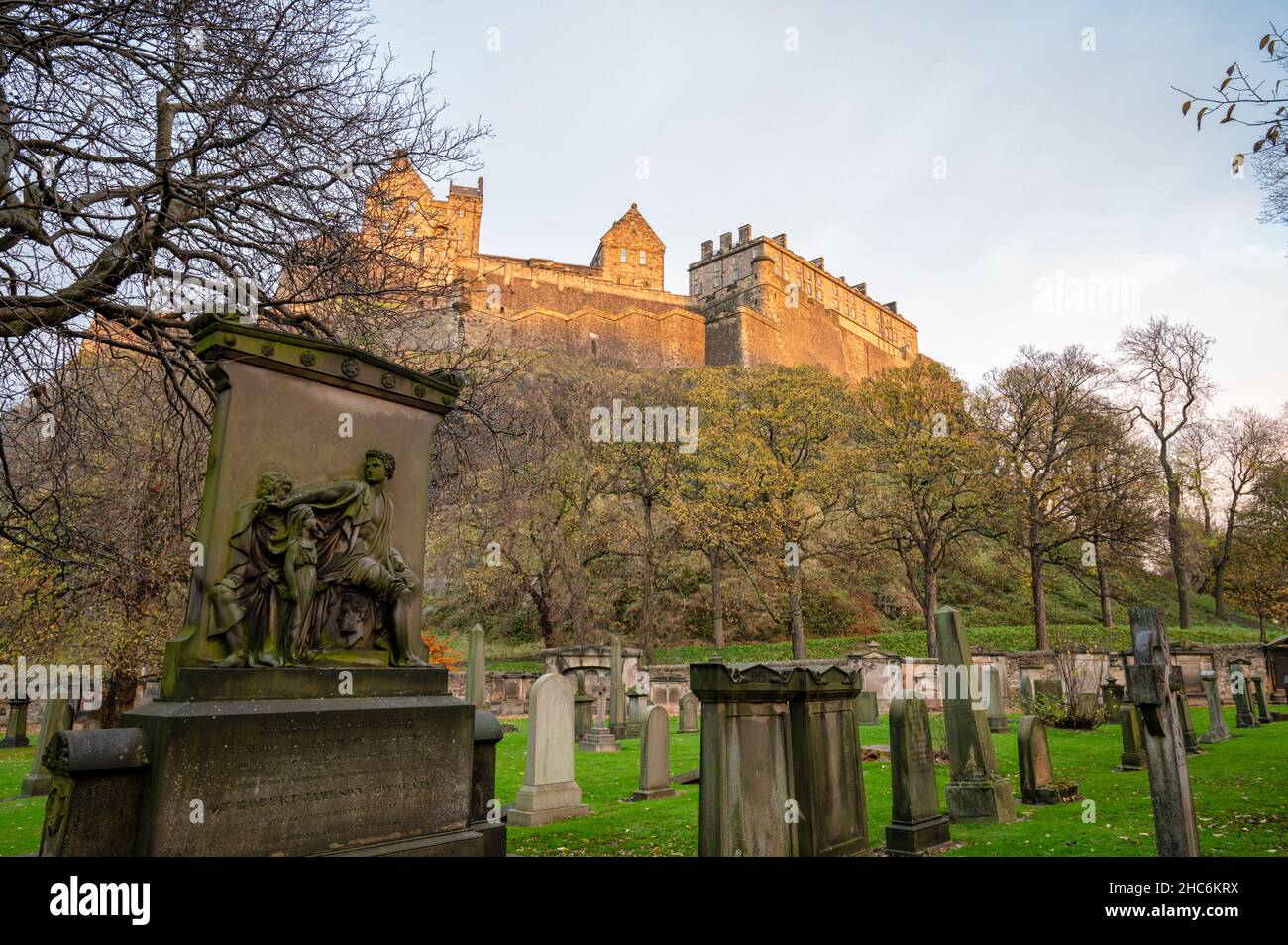 Edinburgh, Scotland- Nov 21, 2021:  The graveyard at the base of Edinburgh Castle Stock Photo