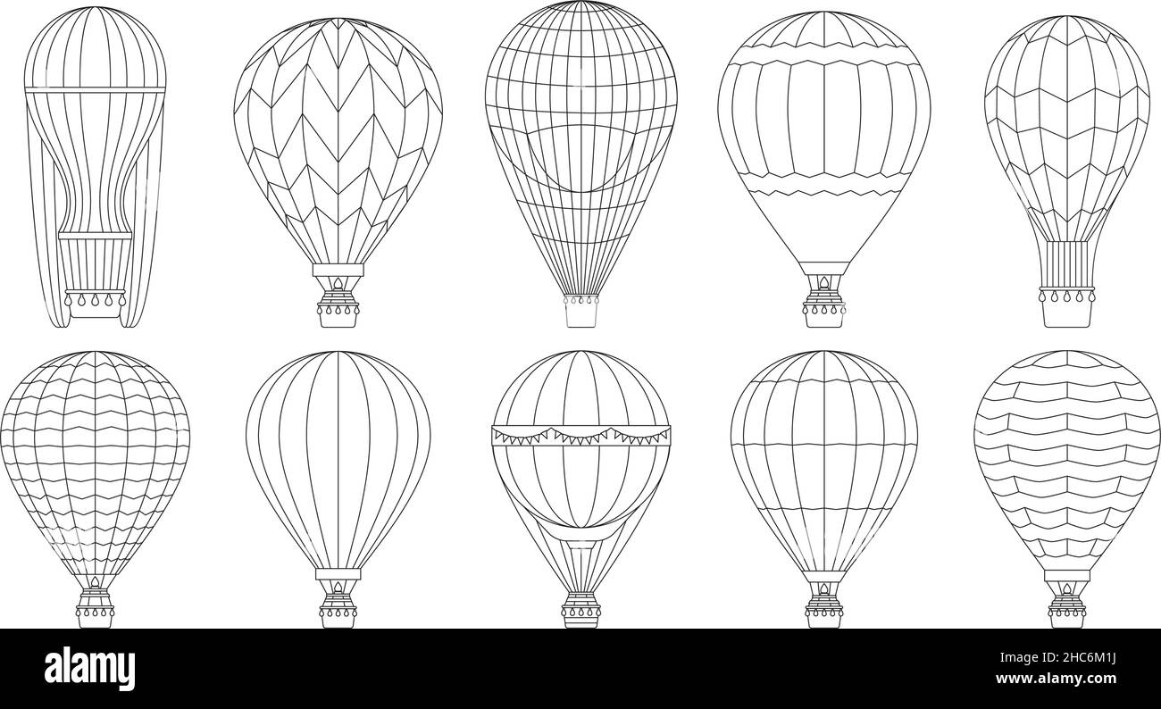 Hot air balloons, colouring page flying linear air balloons. Retro air