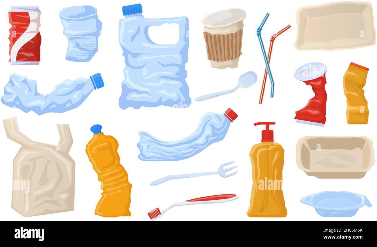 Plastic waste, disposable package, non recyclable garbage. Disposable plastic bottles, cups