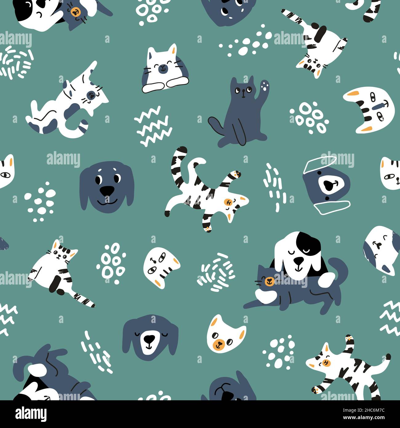 Cute cat dog hand drawn seamless pattern. Vector friendship cartoon ...