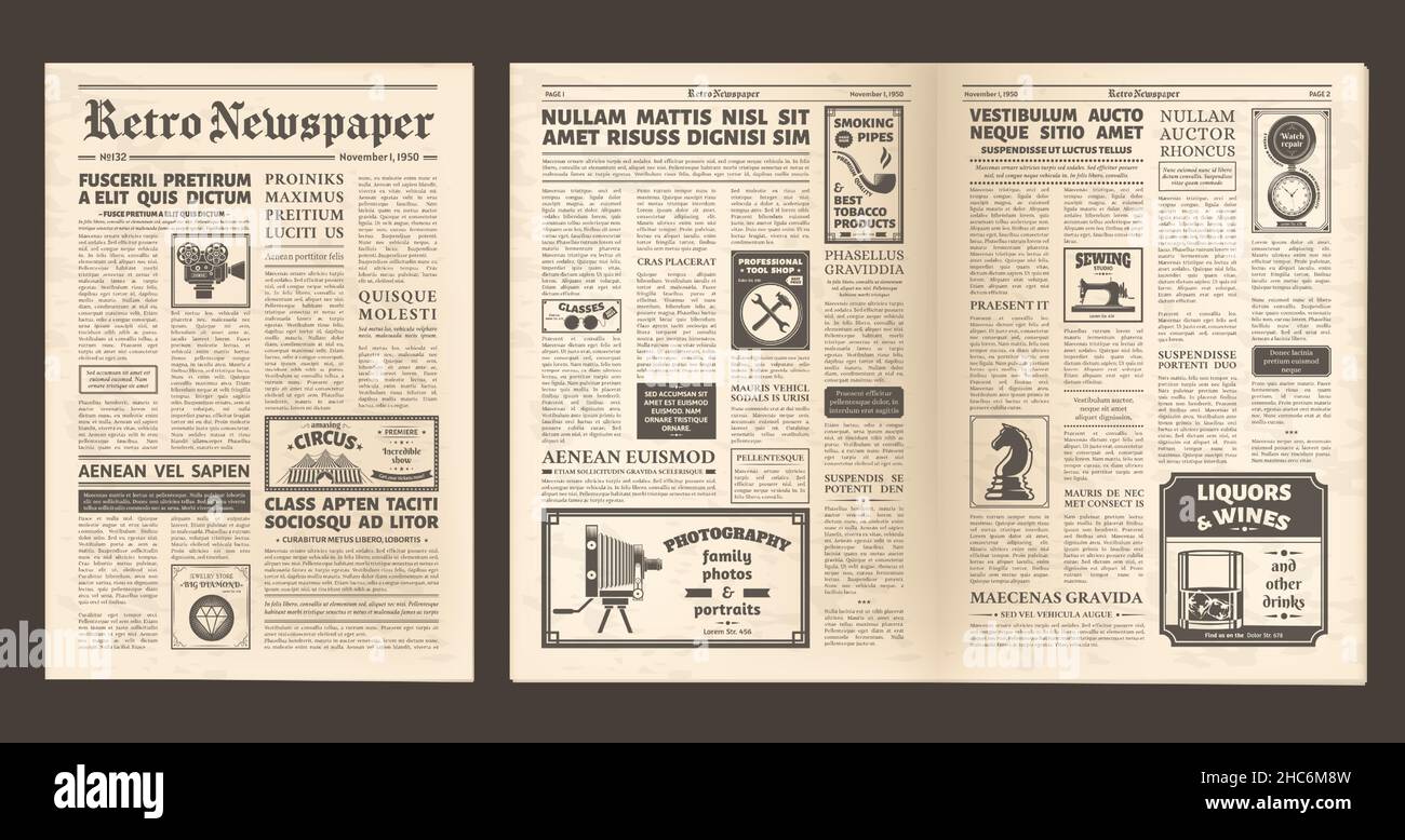 Vintage old newspaper full page, retro spread pages. Retro newsprint page, editorial news and ad posters newspaper layout vector illustration set. Old Stock Vector