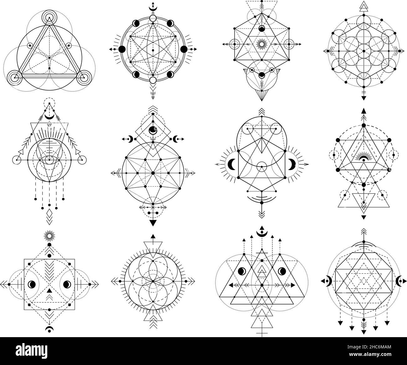 Sacred geometry figures, abstract mystic linear shapes. Mystical linear occult signs vector illustration set. Geometric sacred alchemy symbols Stock Vector