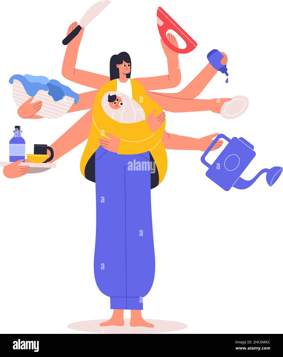 Super multitasking housewife, busy mom cleaning and cooking. Super mom, busy multitasking housewife does several tasks vector illustration. Busy Stock Vector