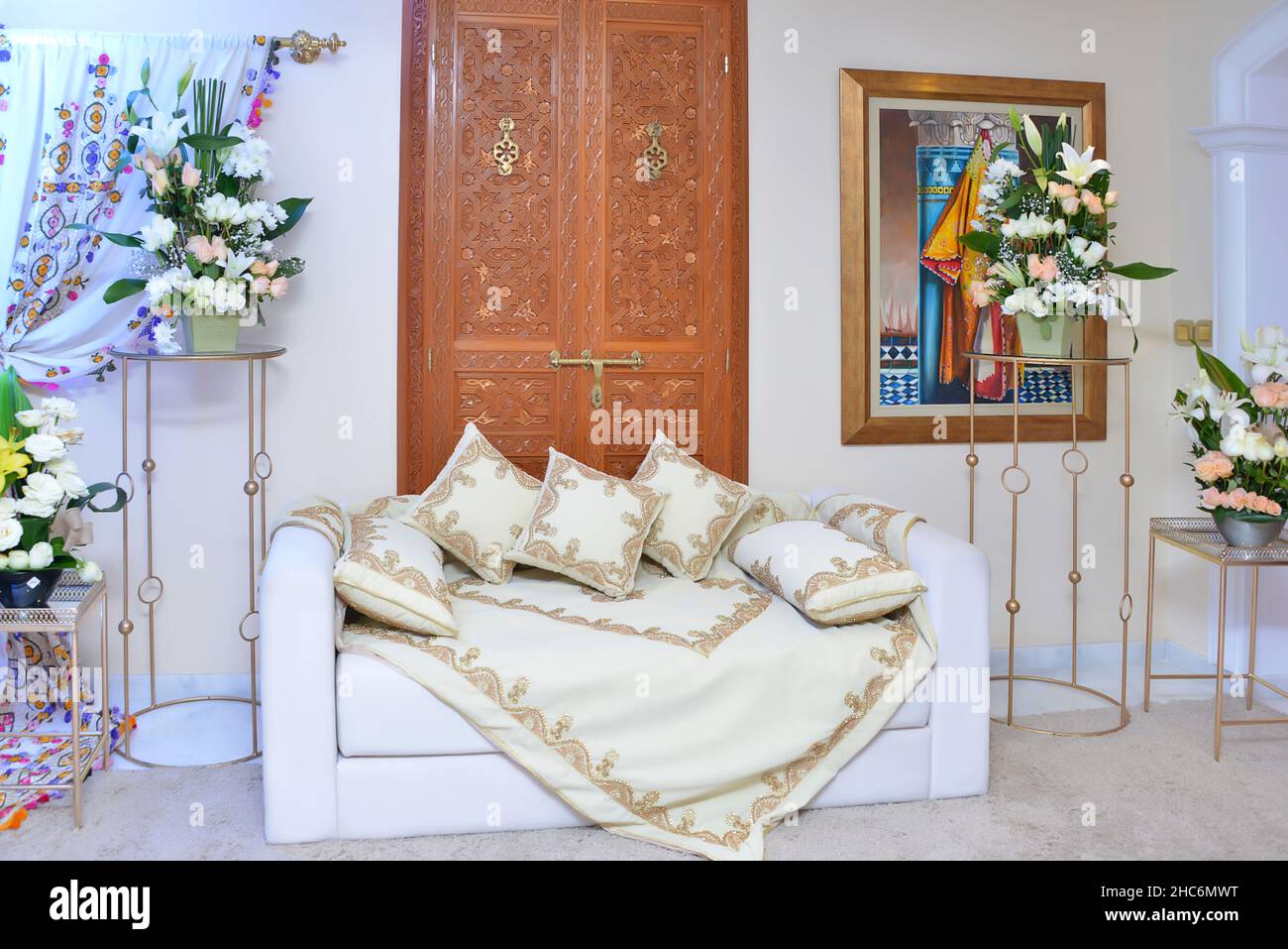 white elegance luxury wooden sofa in wedding ceremony , wedding decoration Stock Photo