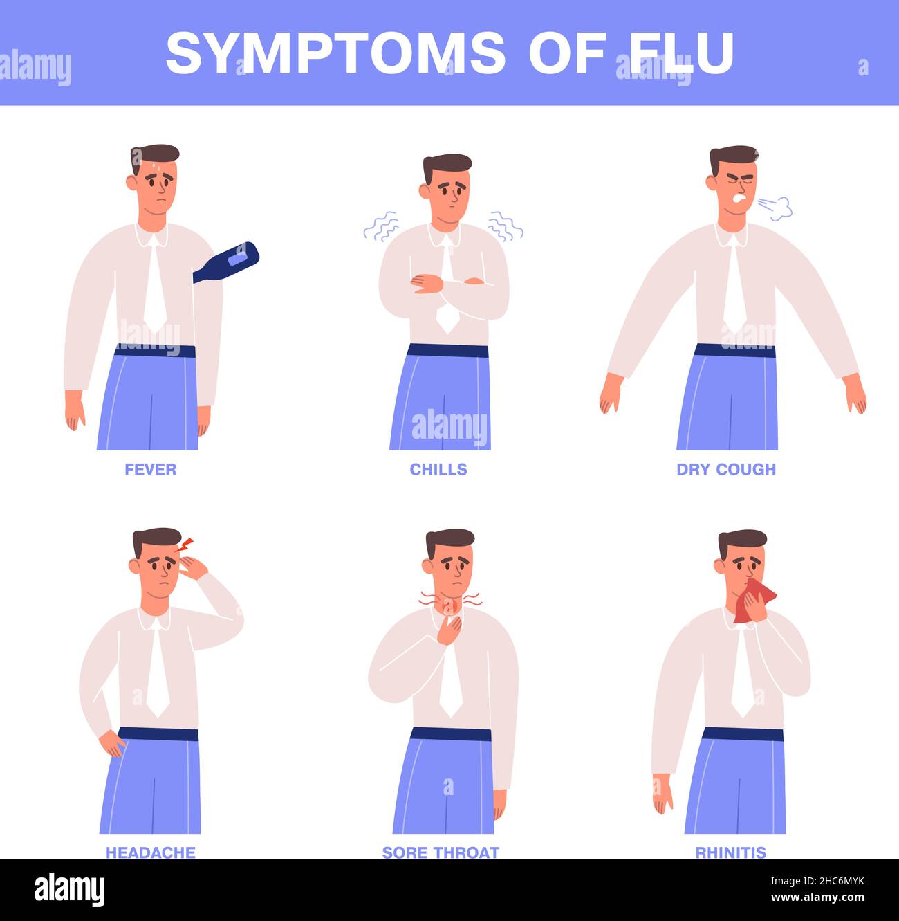 Flu or cold symptoms, sick person with sore throat, bad cough and fever