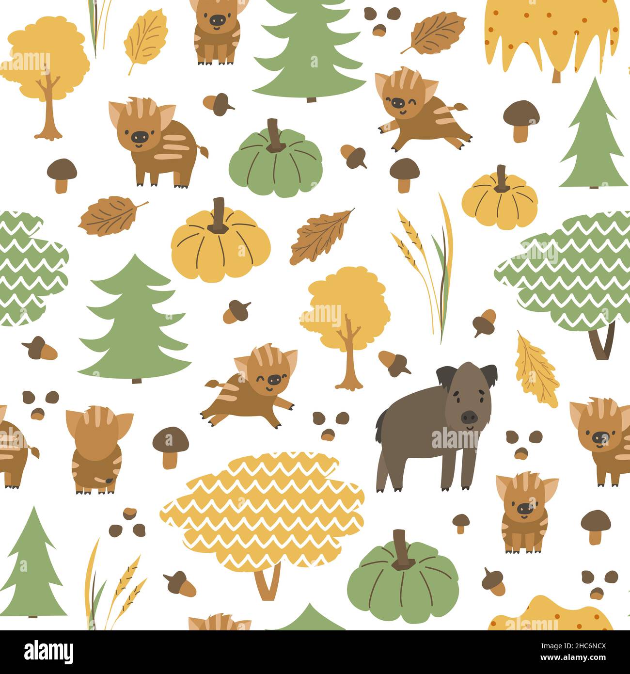 Boar family is in the forest seamless pattern. Autumn hog, little ...