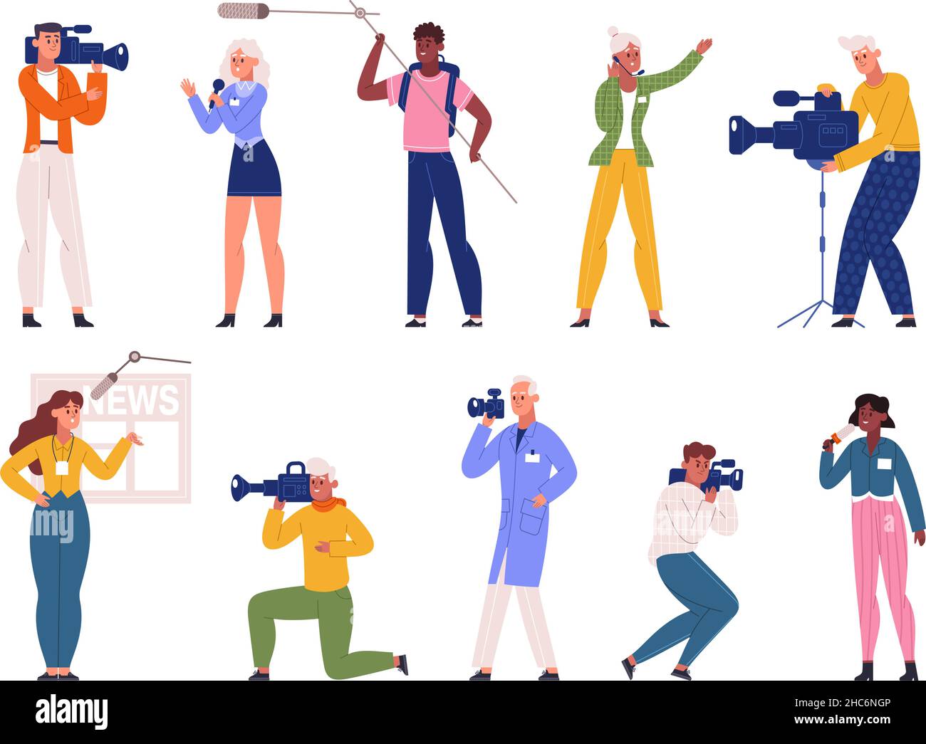 Reporters, journalists, professional photographers and tv broadcast videographers characters. Paparazzi and program news reporters vector illustration Stock Vector