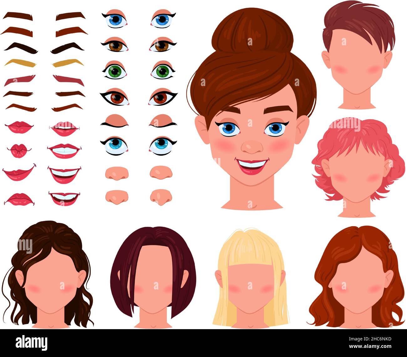 Cartoon girl face constructor, woman character avatar creator. Female face  generator with eyes, brows, lips, noses vector illustration set. Girl face  Stock Vector Image & Art - Alamy