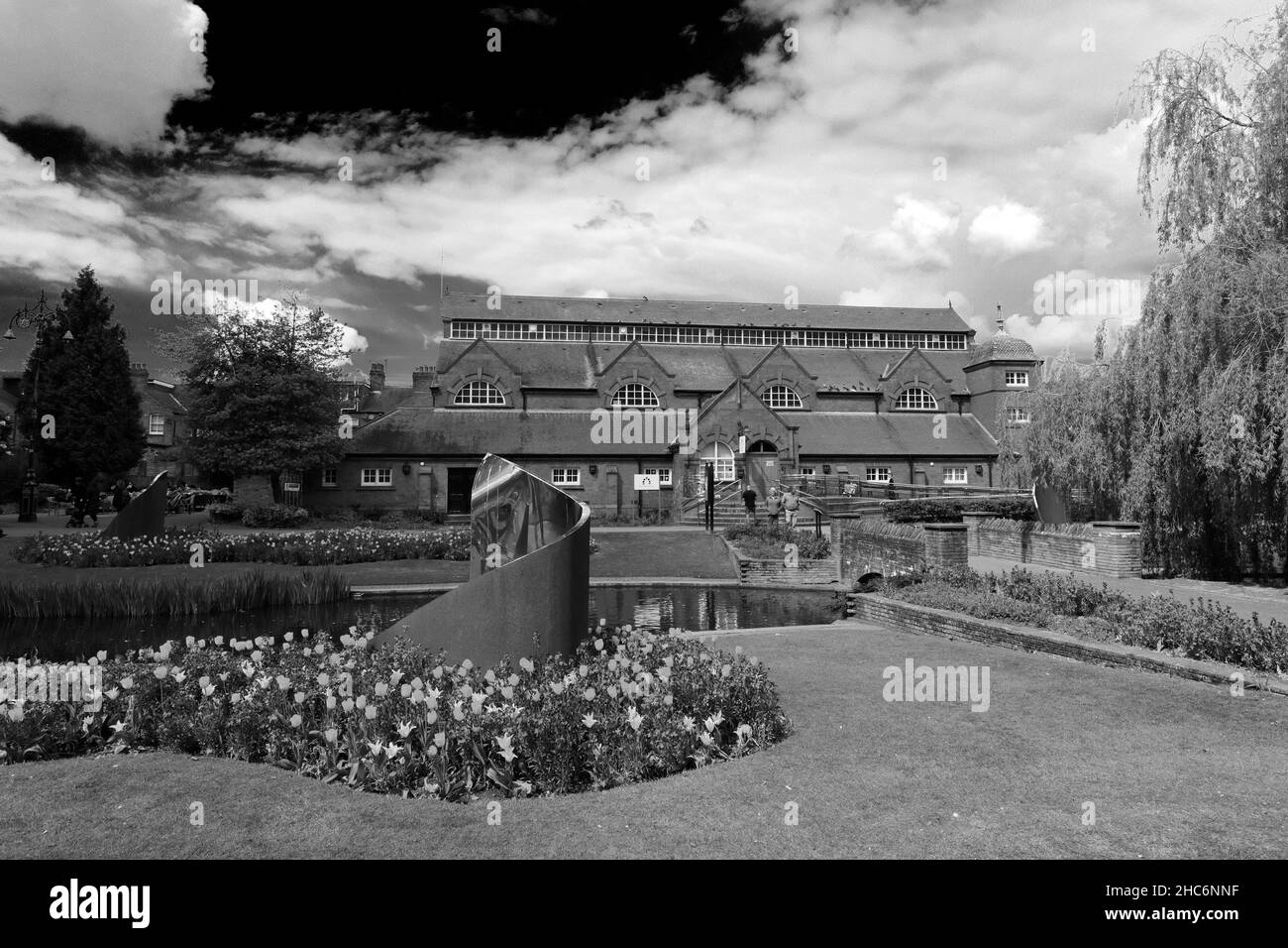 Summer view of the Charnwood Museum, Queens Park, market town of
