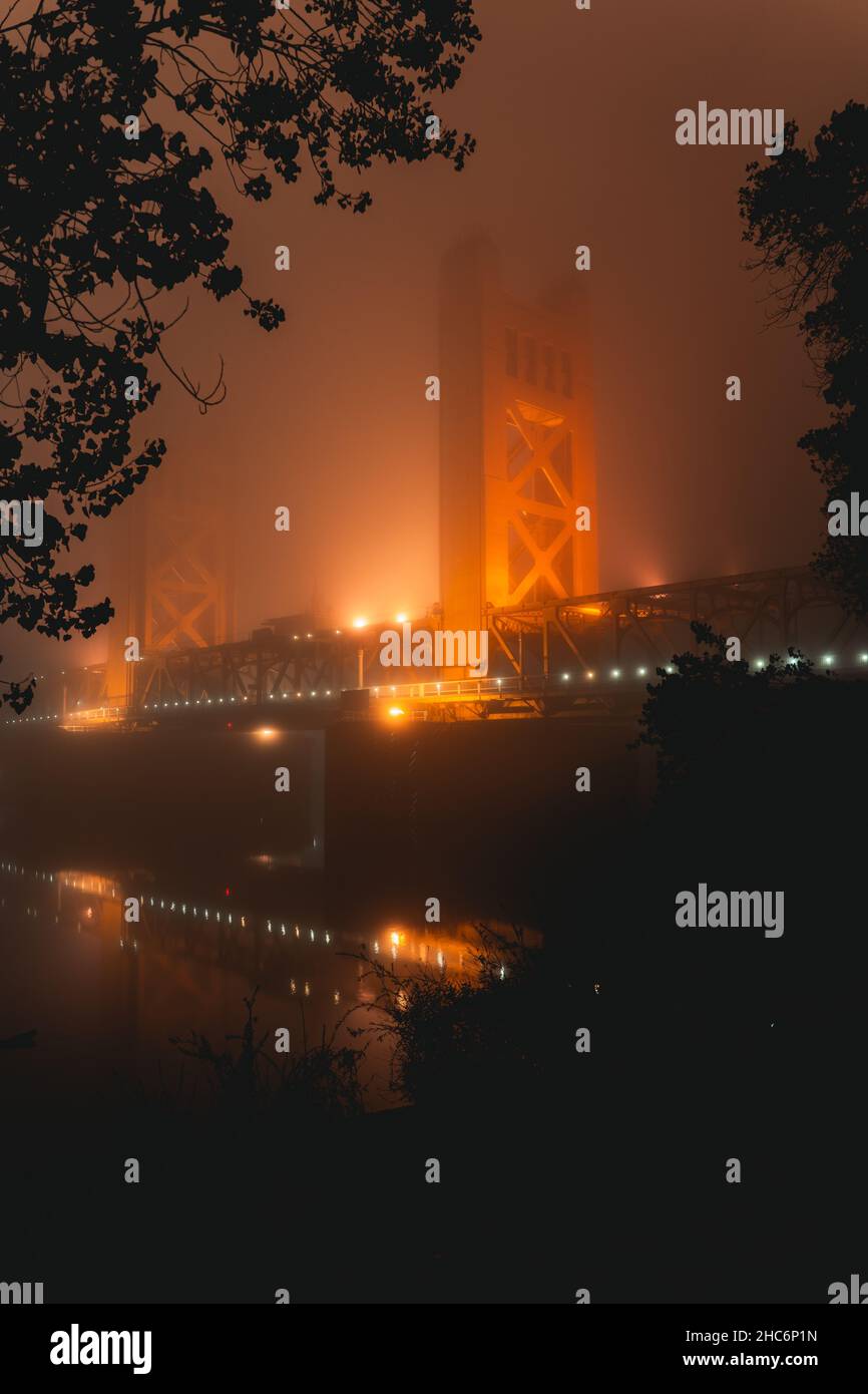 Illuminated Sacramento Tower Bridge at night Stock Photo - Alamy
