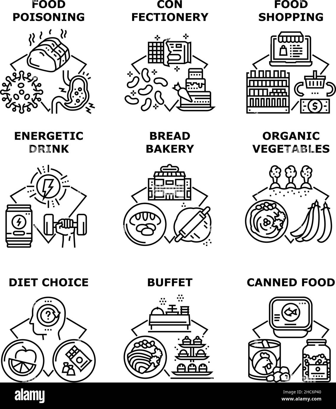 Nutrition Shopping Set Icons Vector Illustrations Stock Vector