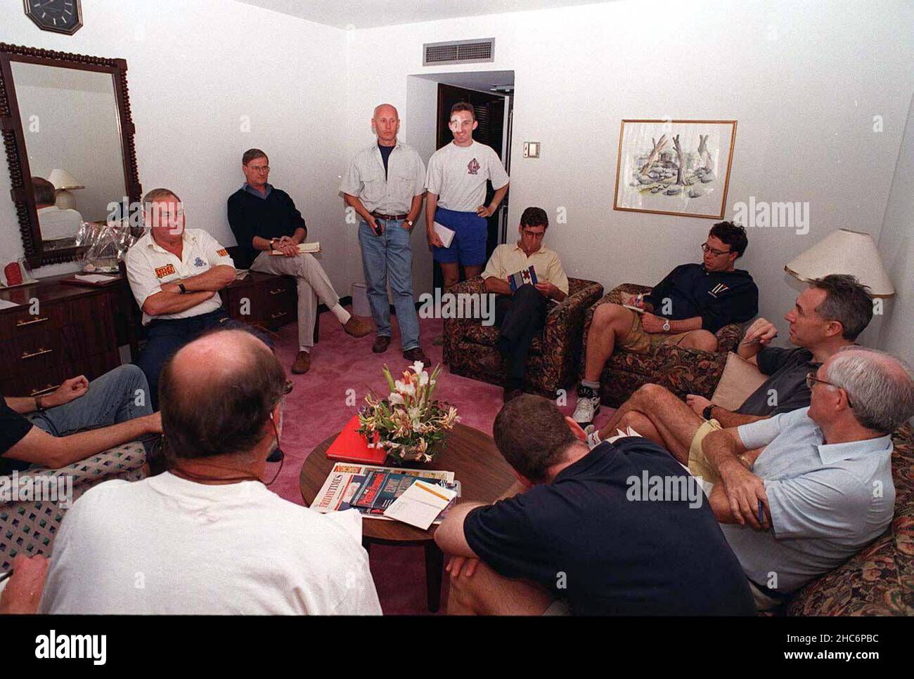 File photo dated 26/02/1996 of England Cricket Manager Ray Illingworth holding an impromptu news conference in his hotel room at Rawalpindi, Pakistan. Former cricketer Ray Illingworth has died at the age of 89, Yorkshire have announced. Illingworth, who led England to a Test series victory over Australia Down Under in 1970-71, had been undergoing radiotherapy for esophageal cancer. Issue date: Saturday December 25, 2021. Stock Photo