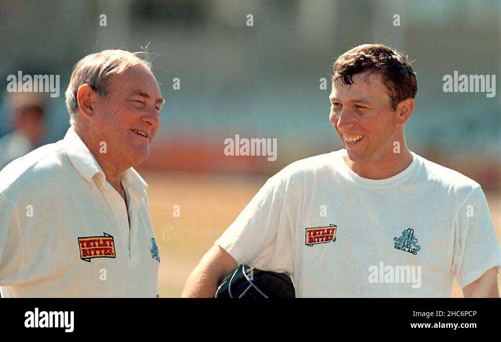 File photo dated 09-08-1995 of Chairman of selectors Ray Illingworth (left) and Captain Mike Atherton during the England training session at Trent Bridge, Nottingham. Former cricketer Ray Illingworth has died at the age of 89, Yorkshire have announced. Illingworth, who led England to a Test series victory over Australia Down Under in 1970-71, had been undergoing radiotherapy for esophageal cancer. Issue date: Saturday December 25, 2021. Stock Photo