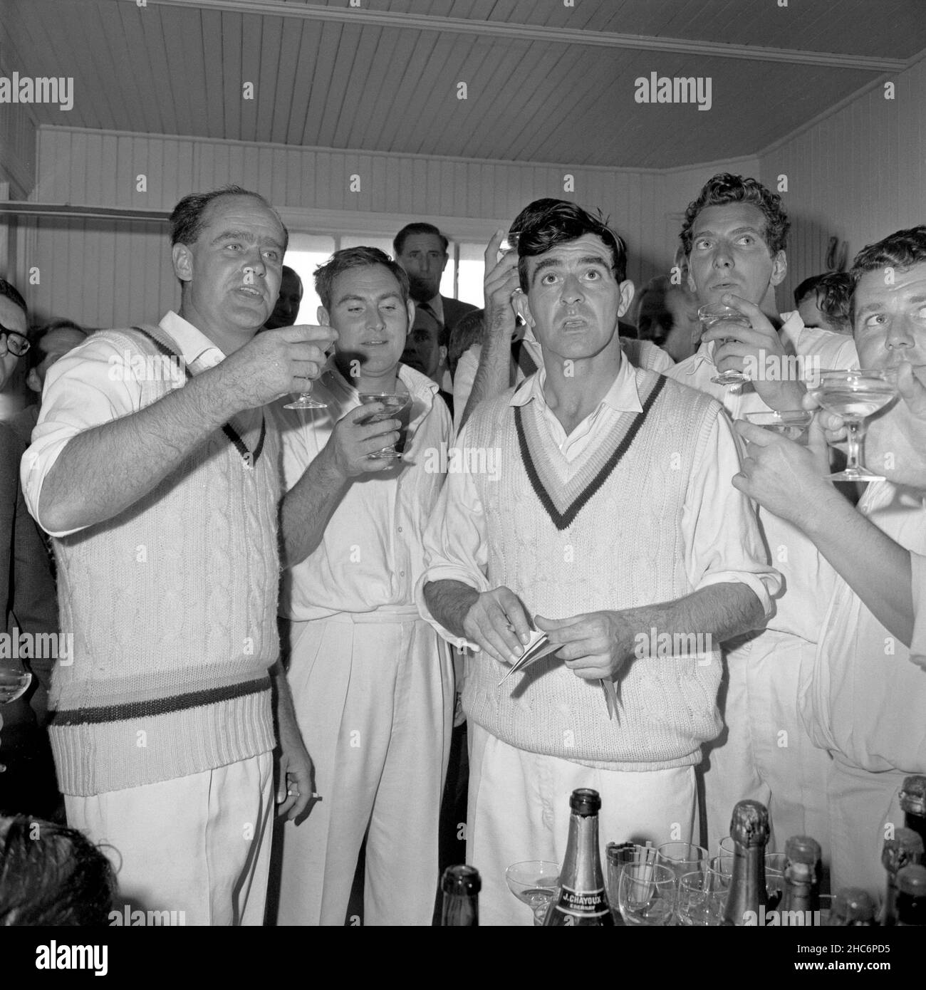 File photo dated 04-09-1966 of Yorkshire Captain Brian Close (left) toasting his team with champagne after Yorkshire won the County Championship at Harrogate, (left to right) Brian Close, Ray Illingworth, Fred Trueman, Don Wilson, and Phil Sharpe. Former cricketer Ray Illingworth has died at the age of 89, Yorkshire have announced. Illingworth, who led England to a Test series victory over Australia Down Under in 1970-71, had been undergoing radiotherapy for esophageal cancer. Issue date: Saturday December 25, 2021. Stock Photo