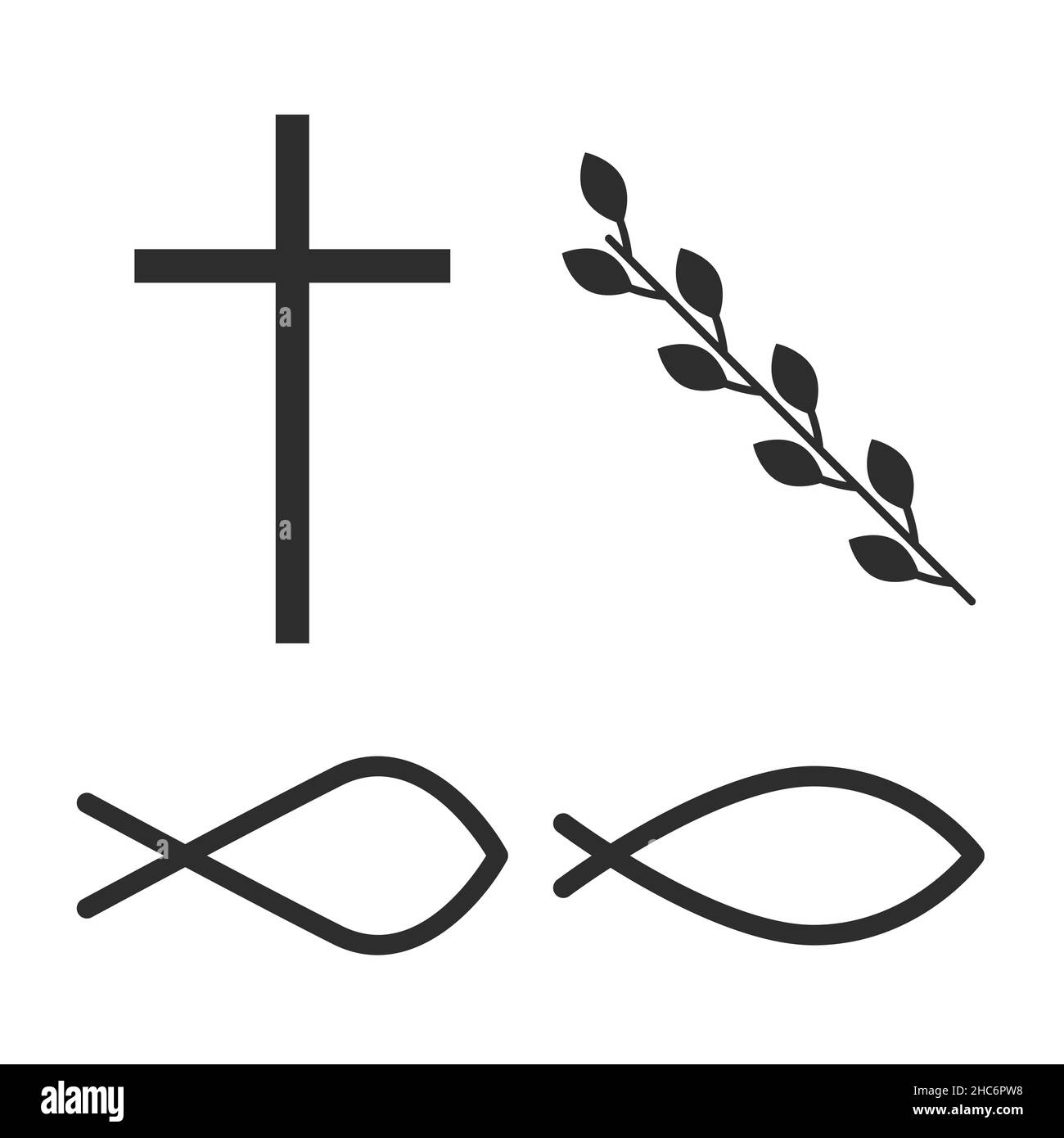 Cross, vine and fish. Symbols of Jesus Christ. Flat isolated Christian illustration, biblical background. Stock Photo