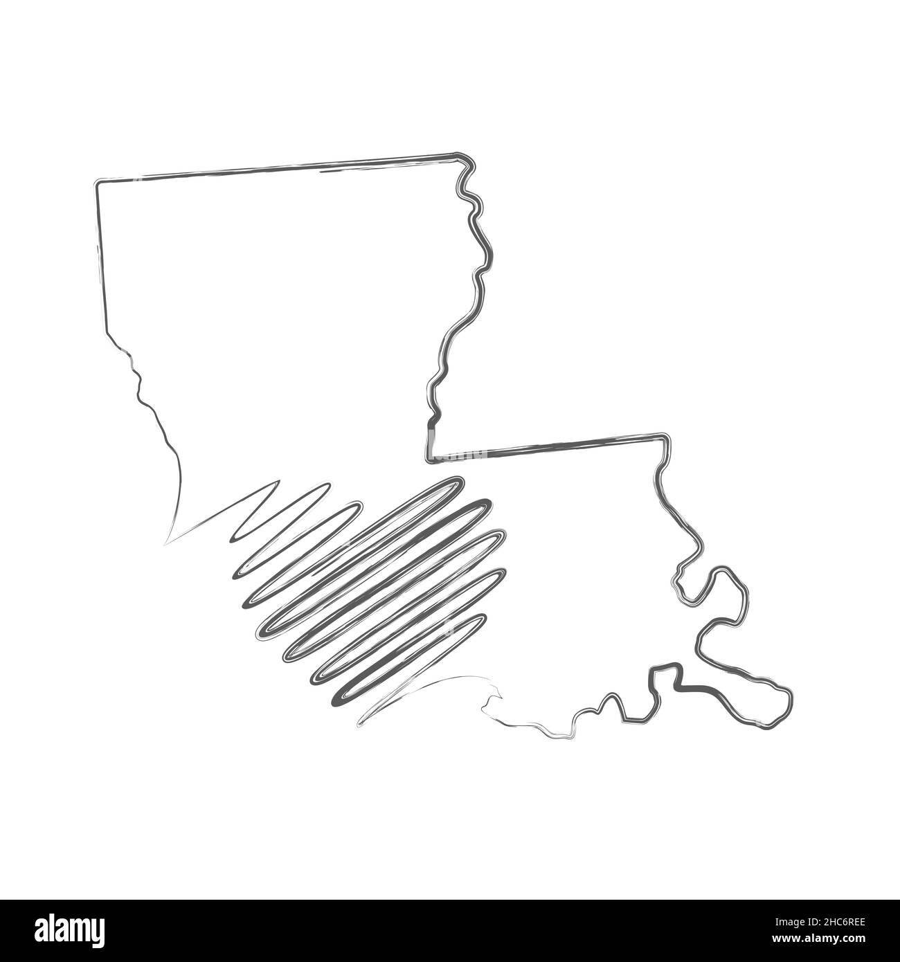 Louisiana US state hand drawn pencil sketch outline map with heart shape. Continuous line drawing of patriotic home sign. A love for a small homeland. Stock Photo