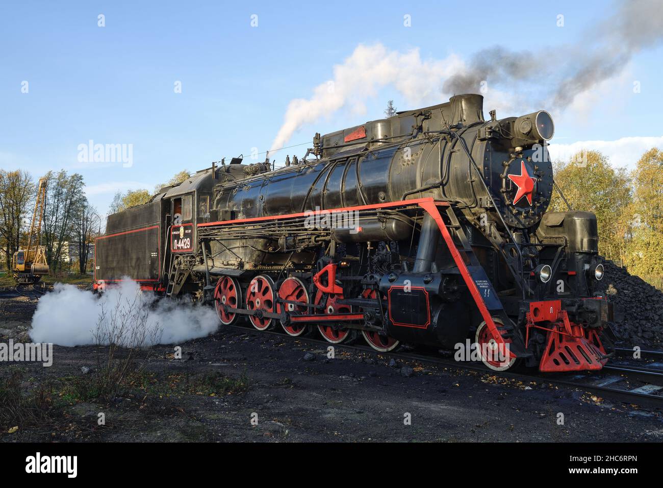 SORTAVALA, RUSSIA - OCTOBER 07, 2021: Old Soviet steam locomotive of the 'L' series (L-4429, Lebedyanka) on the access roads of Sortavala station on a Stock Photo