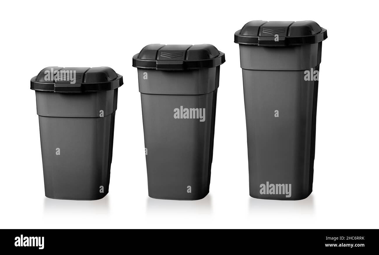Set of plastic trash basket with lid isolated on white background Stock