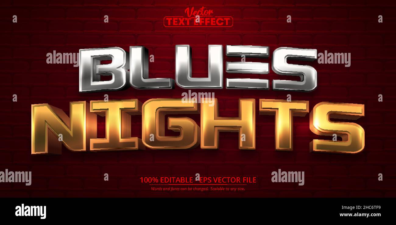 Blues nights text, shiny gold and silver color style editable text effect Stock Vector