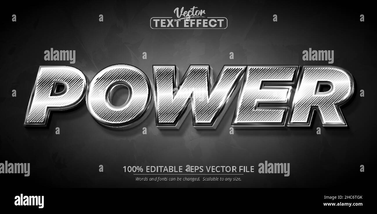 Power text, shiny silver color style editable text effect Stock Vector