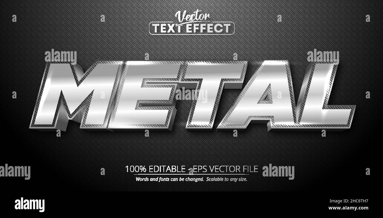 Metal text, shiny silver color style editable text effect Stock Vector