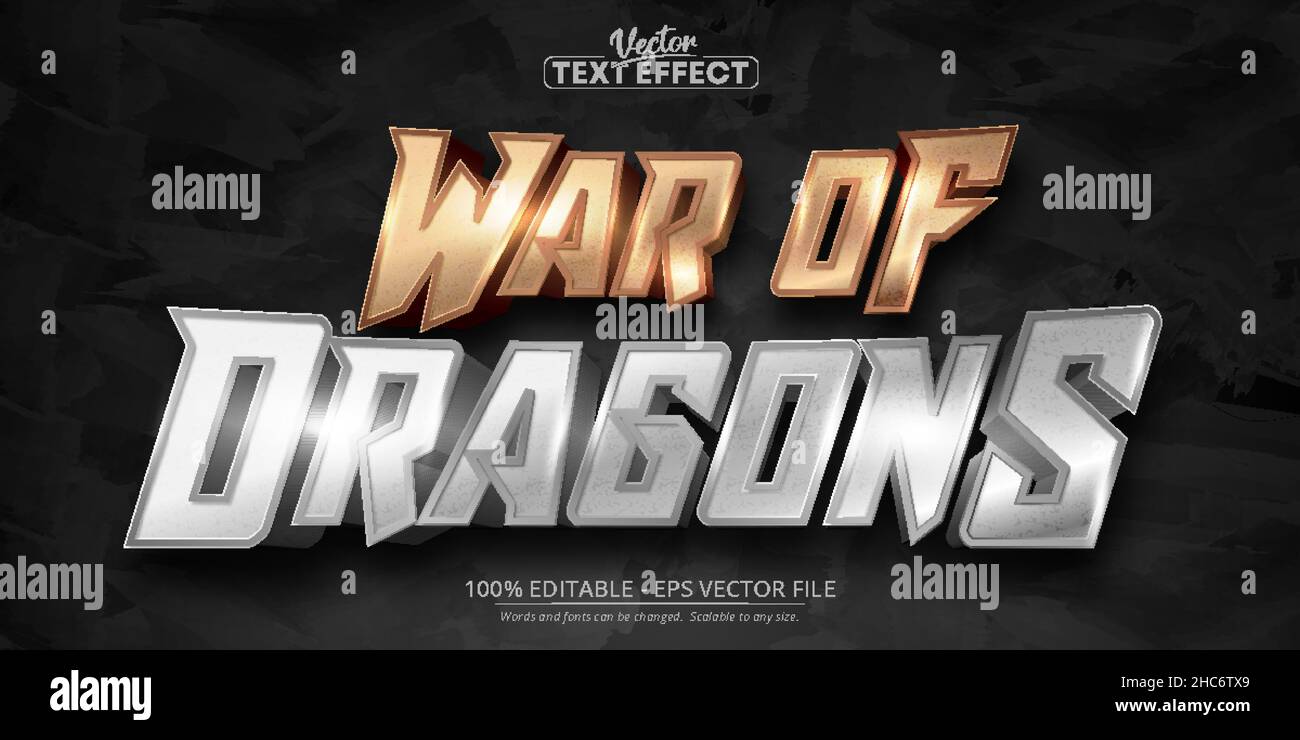 War of dragons text, shiny rose gold and silver color style editable text effect Stock Vector