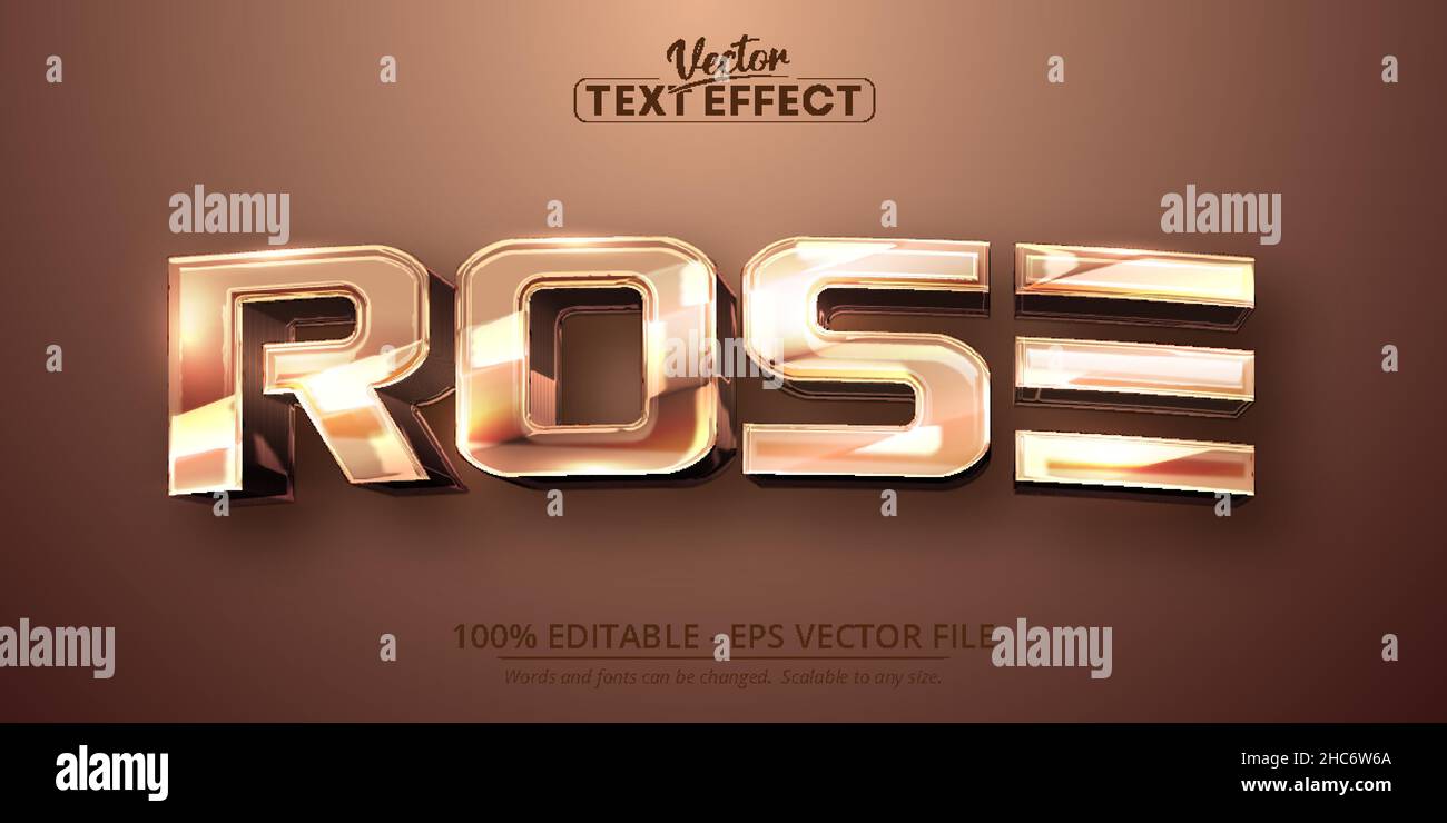 Rose text, shiny rose gold color style editable text effect Stock Vector
