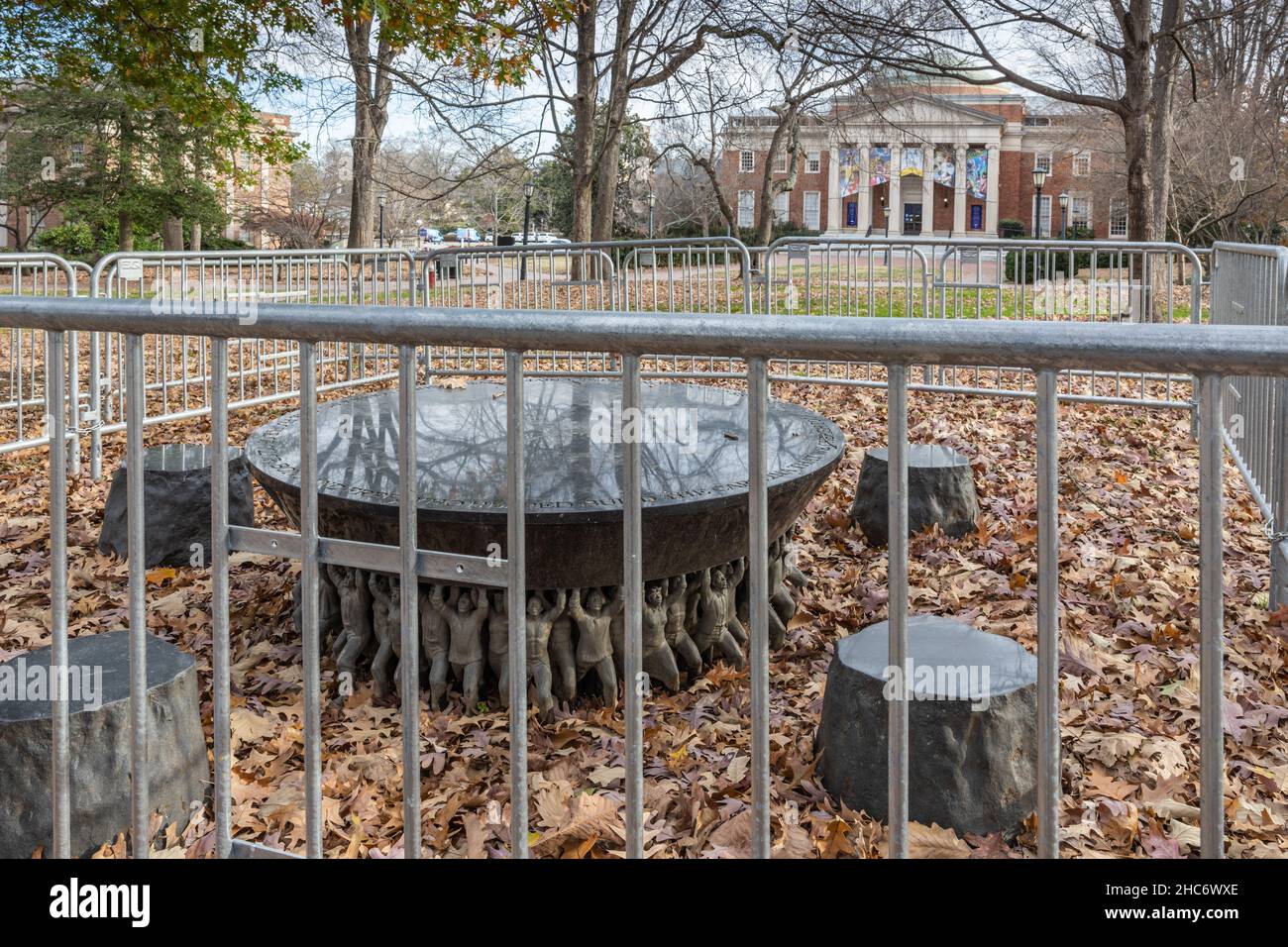 Protective  Fence Surrounding the University of North Carolina at Chapel Hill's Unsung Founders Memorial as Protection against further Vandalism Stock Photo